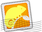 Postage stamp with chameleon in yellow on orange striped background.