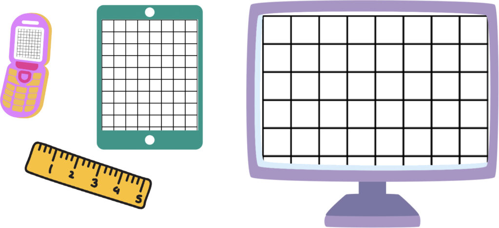 illustration of a cell phone, tablet, and monitor all displaying 8 pixels across. A ruler is also displayed.