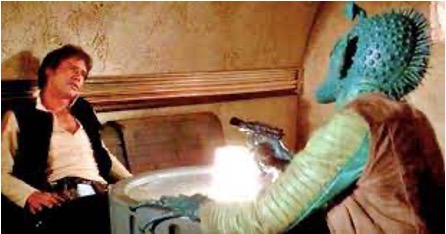 Movie still of Han Solo and Greedo in the bar at a table.